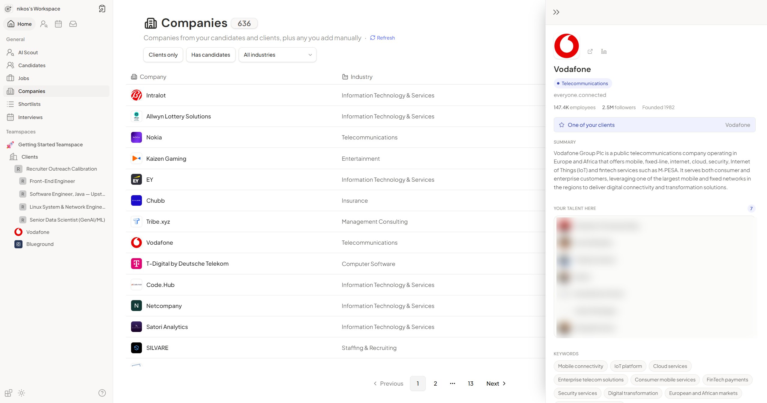 Companies list with a company sheet open, showing firmographics, a client badge and the workspace's candidates who work there (names blurred).