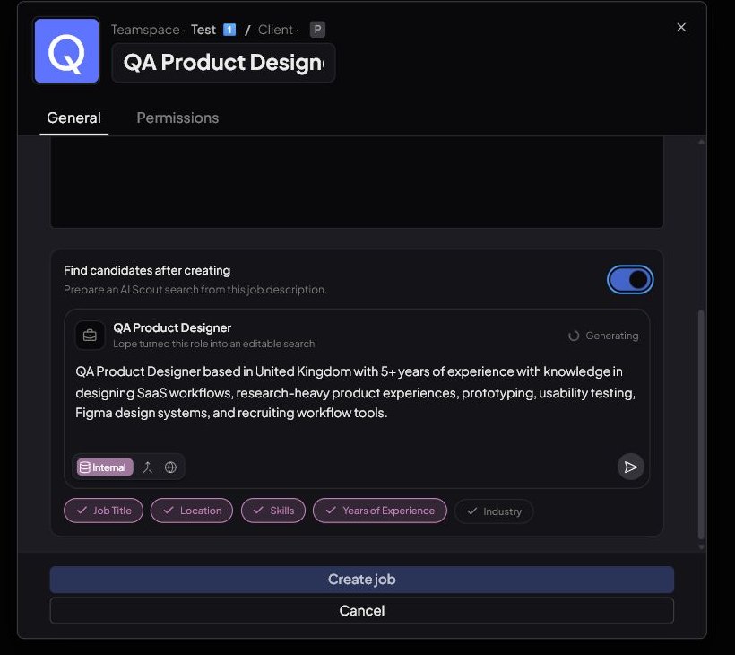 Create job dialog with 'Find candidates after creating' turned on and a generated AI Scout brief.