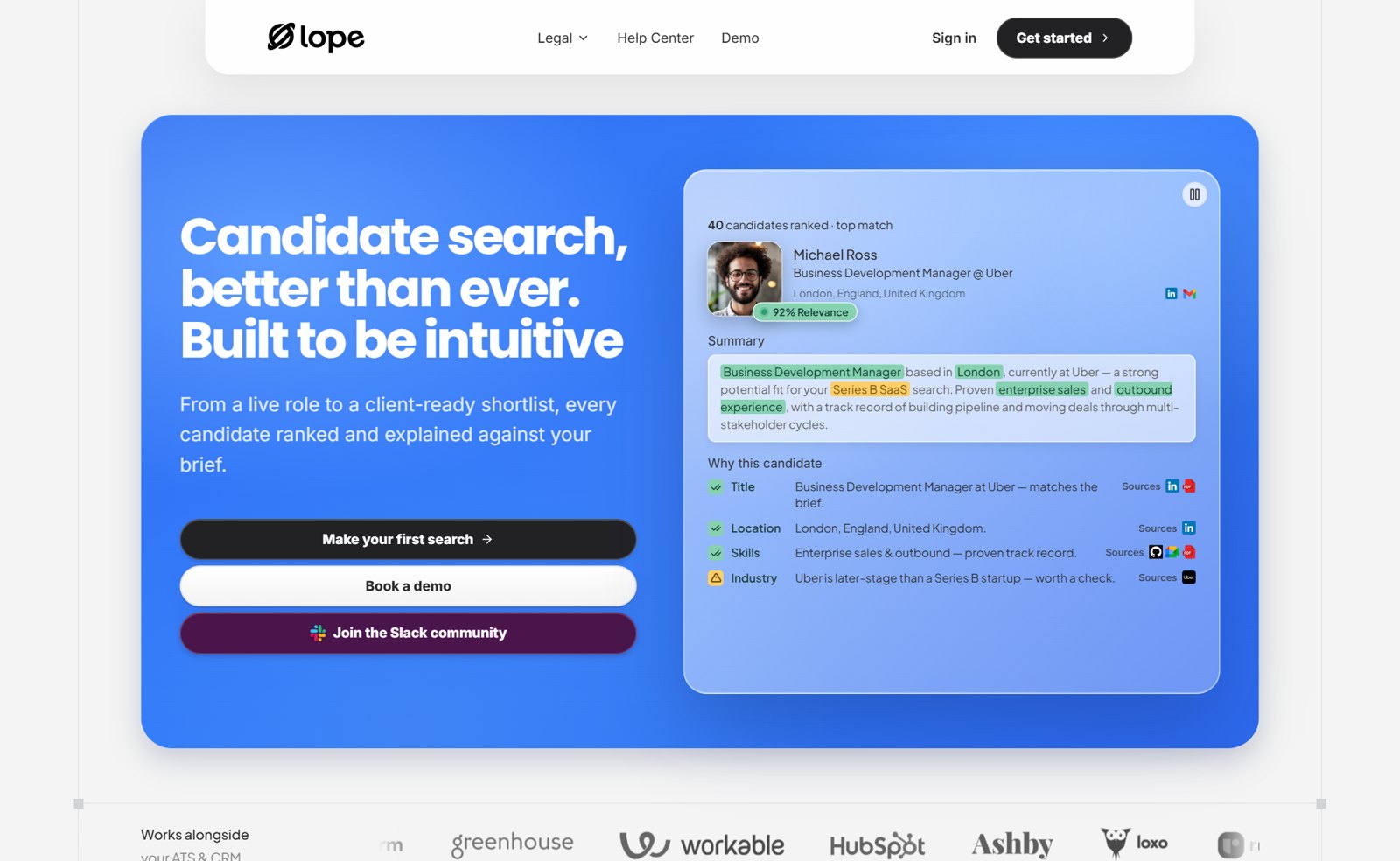 The withlope.com landing page: 'Candidate search, better than ever' with a live demo ranking a candidate at 92% relevance and explaining why.
